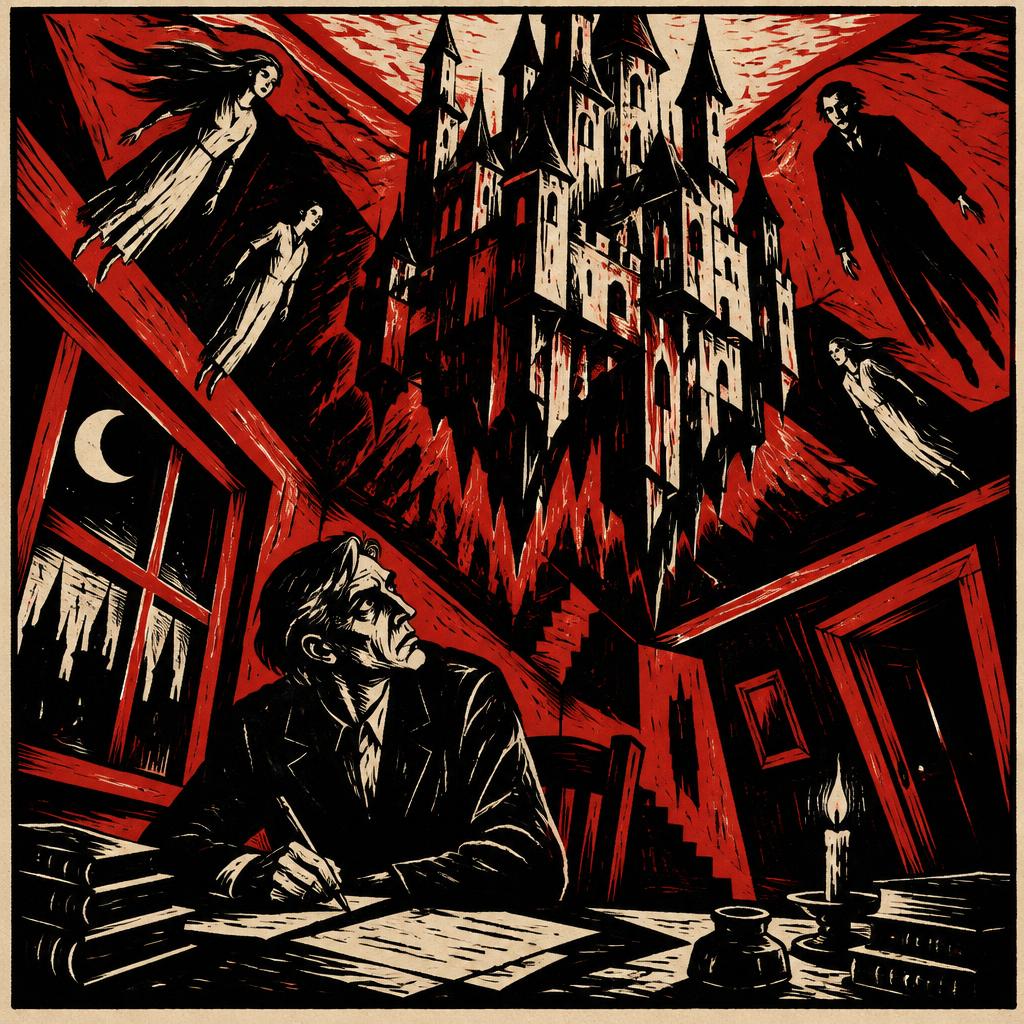 A playwright at a desk as a dream castle grows above him