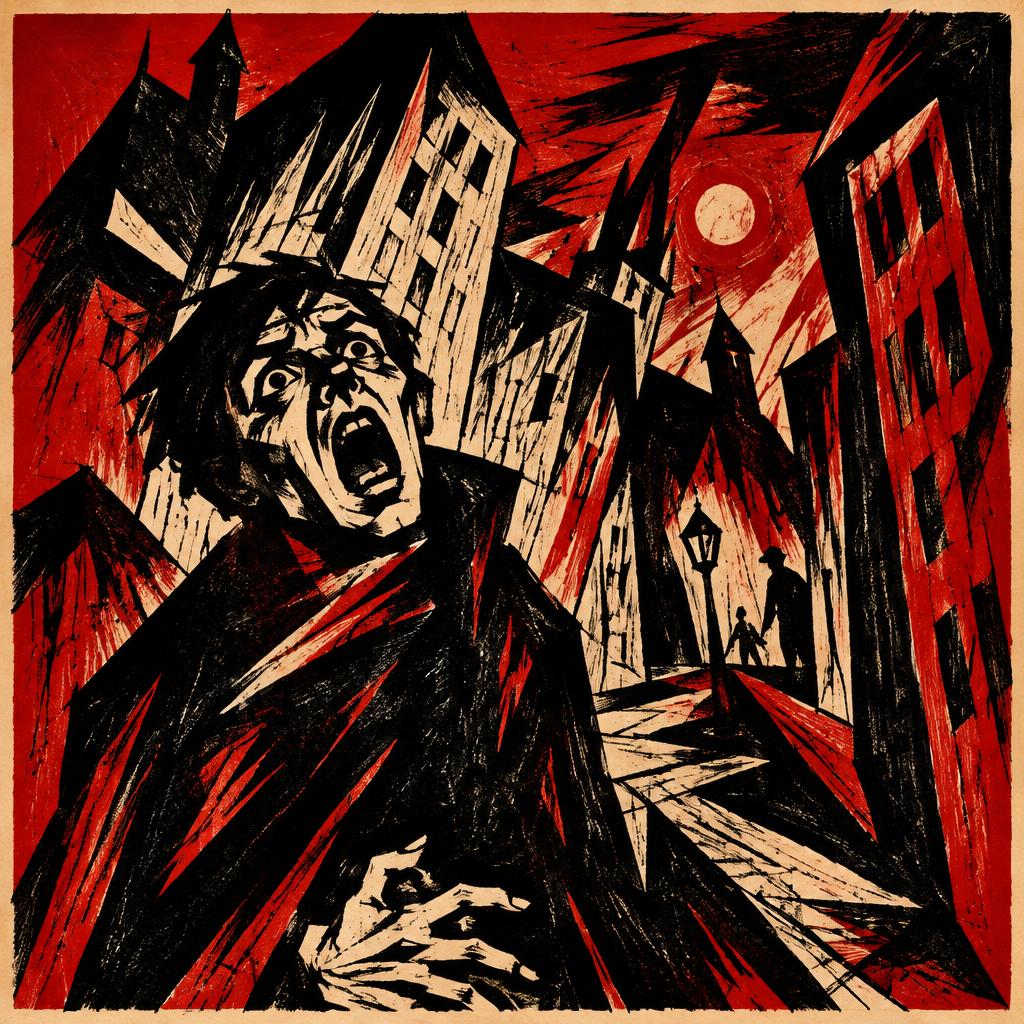 A screaming man in a city of tilted buildings
