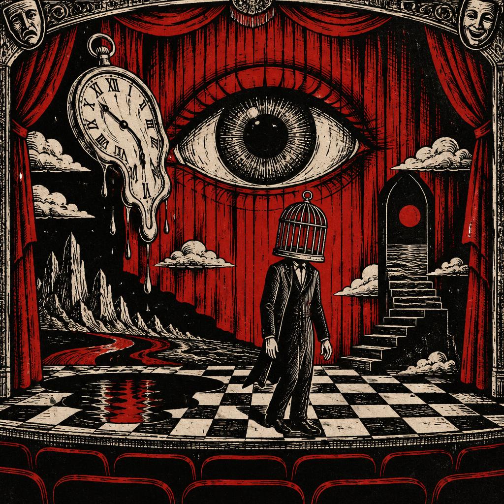 A surreal stage with a giant eye, melting clock and a man with a birdcage head
